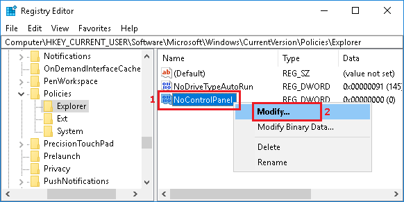 Изменить NoControlPanel DWORD в Windows 10