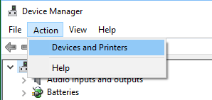 Параметр «Устройства и принтеры» на экране диспетчера устройств в Windows 10