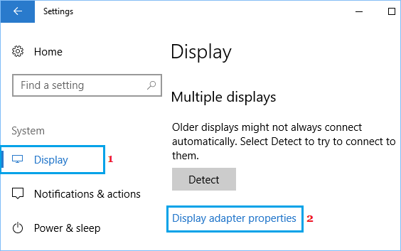 Параметр «Свойства адаптера отображения» на экране панели управления Windows 10