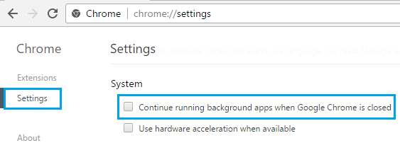 Снимите флажок «Продолжить запуск фоновых приложений» в Google Chrome.