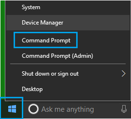 Кнопка «Пуск» в Windows 10 и вкладка «Командная строка»