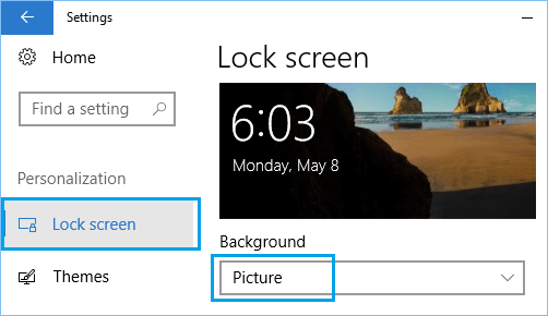 Установите тип фона экрана блокировки на изображение в Windows 10
