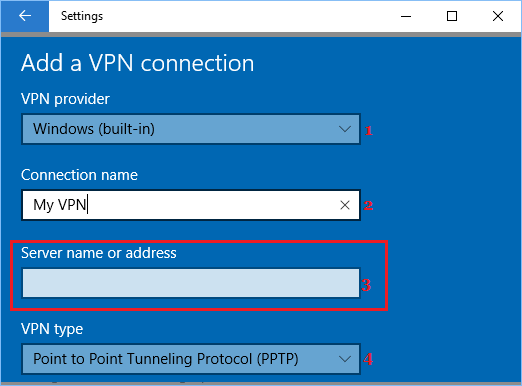 Добавить адрес VPN-сервера, тип VPN и провайдера VPN в Windows 10