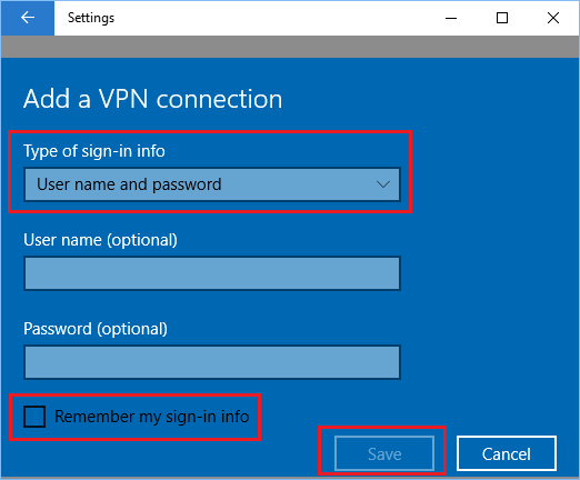 Добавить тип информации для входа в сеть VPN в Windows 10