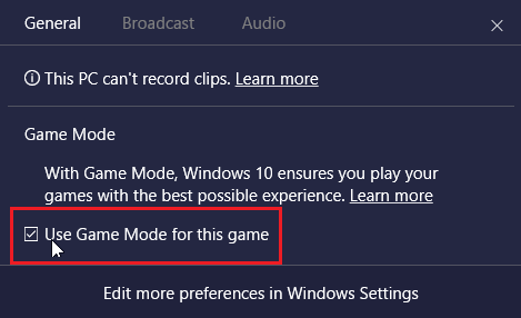 Использовать игровой режим для этой опции игры в Windows 10