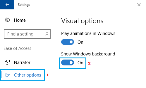 Включить параметр «Показать фон Windows» в настройках Windows 10