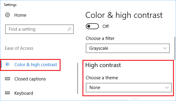 Отключить настройки высокой контрастности черного в Windows 10