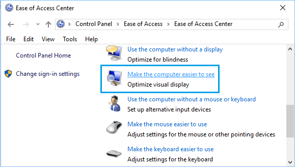 Параметр «Облегчение просмотра компьютера» в панели управления Windows 10