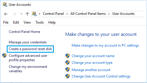 Создать параметр диска для сброса пароля в панели управления Windows 10