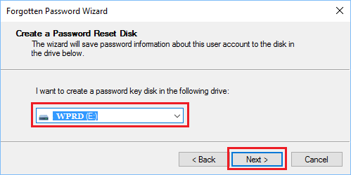 Выберите диск для создания диска восстановления пароля в Windows 10