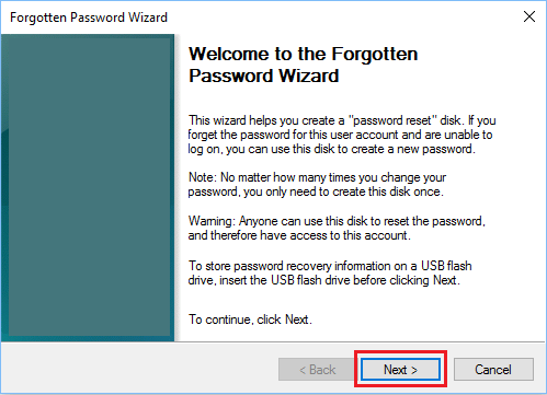 Экран приветствия мастера забытого пароля в Windows 10