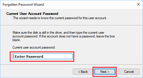 Введите пароль учетной записи пользователя на экране мастера забытого пароля