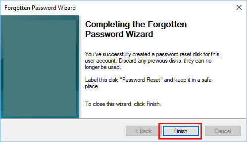 Завершение работы мастера забытого пароля в Windows 10