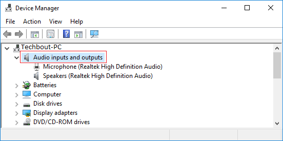 Вход аудиовходов и выходов на экране диспетчера устройств в Windows 10