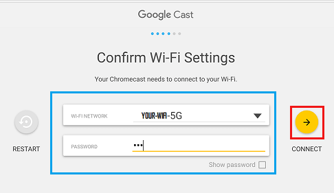 Подтвердите настройки WiFi для Chromecast