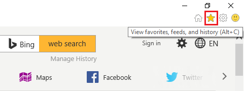 Значок «Избранное» в браузере Internet Explorer на компьютере с Windows 10 