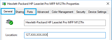 IP-адрес принтера на экране свойств принтера