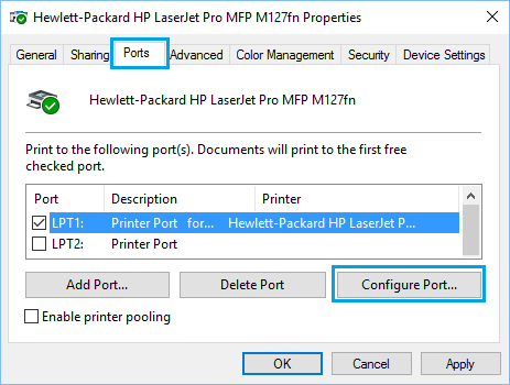 Вкладка «Порты» на экране свойств принтера в Windows 10