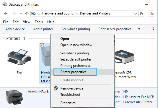 Параметр «Свойства принтера» на экране «Устройства и принтеры» в Windows 10