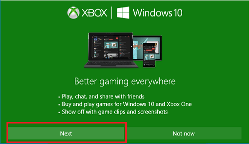 Кнопка «Далее» в приложении Xbox в Windows 10