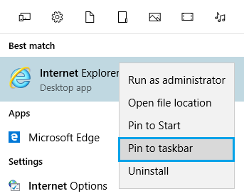 PIN-код Internet Explorer к панели задач Windows 10