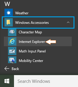 Internet Explorer в папке Windows Accessories