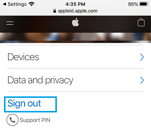 Выйти со страницы учетной записи Apple ID