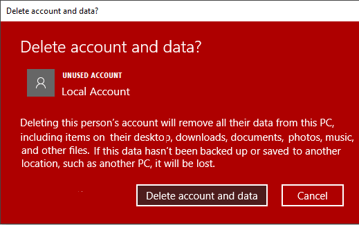Удалить учетную запись и всплывающее окно с данными в Windows 10