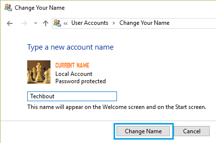Экран изменения имени учетной записи в Windows 10