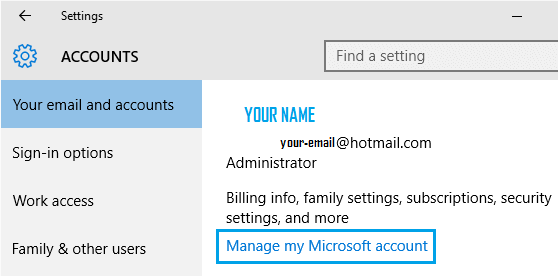 Ссылка на управление моей учетной записью Microsoft