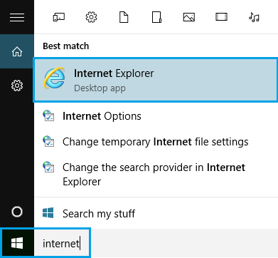 Поиск Internet Explorer в строке поиска Windows 10