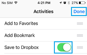 Включить опцию «Сохранить в Dropbox» на iPhone