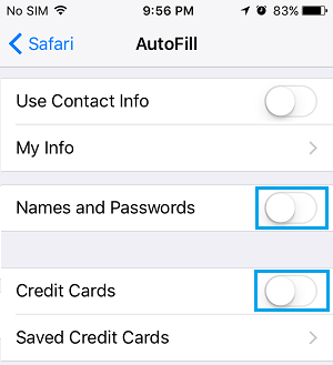 Запрет браузеру Safari сохранять кредитные карты и пароли на iPhone