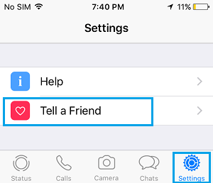 Опция «Рассказать другу» на экране настроек WhatsApp на iPhone