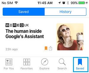 Доступ к сохраненным статьям в новостном приложении на iPhone