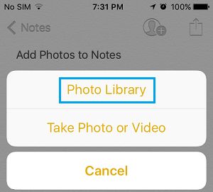 Опция «Добавить фотографии из библиотеки фотографий» в приложении «Заметки» для iPhone