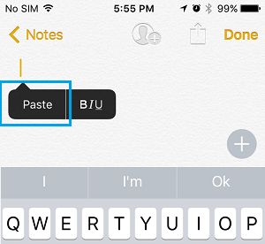 Параметр «Вставить» в приложении «Заметки» на iPhone