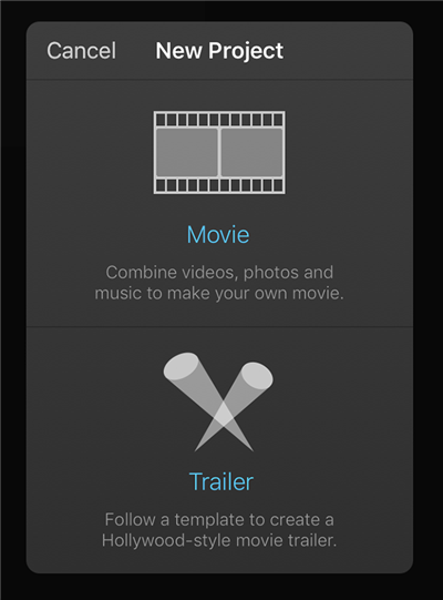 Выбор типа проекта в iMovie на iPhone