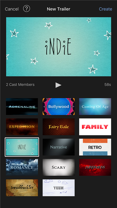 Создание нового трейлера фильма в iMovie на iPhone