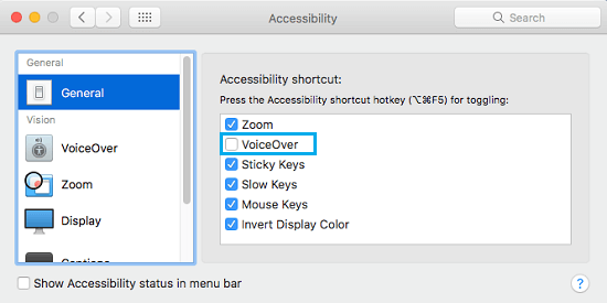 Отключить параметр ярлыка VoiceOver на Mac
