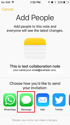 Отправить заметку для совместного использования с помощью iMessage, WhatsApp, почтового приложения и других параметров