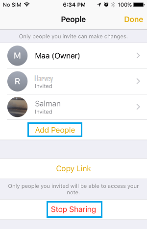Список людей, совместно использующих приложение Notes на iPhone