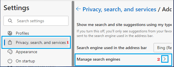 Параметр «Управление поисковыми системами» в Microsoft Edge