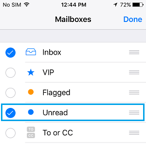Включить непрочитанный почтовый ящик на iPhone