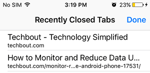 Список недавно закрытых веб-сайтов в Safari на iPhone