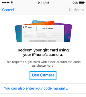 Используйте камеру для погашения подарочной карты на iPhone
