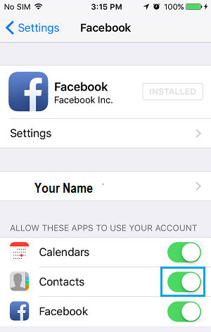 Отключить контакты Facebook на iPhone