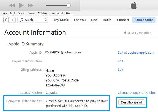 Сводка Apple ID на экране информации об учетной записи iTunes