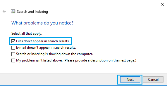 Файлы не отображаются в результатах поиска в средстве устранения неполадок Windows 10