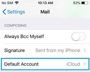 Параметр учетной записи по умолчанию в приложении iPhone Mail